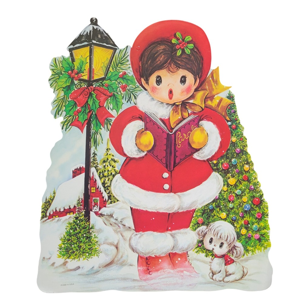 Vintage 50s Christmas Die Cut Caroler Girl Dog Lamp Post Single Sided Matte 15"